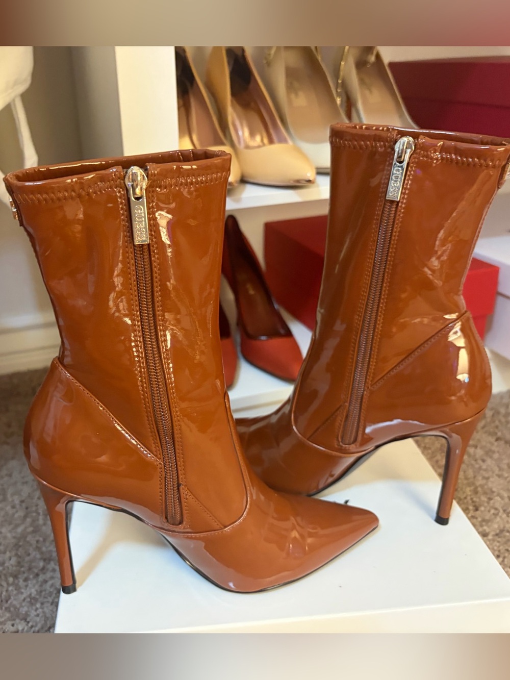 GUESS Patent Leather Pointed-Toe Mid-Calf Stretchy Boots in Cognac 🧡
